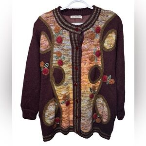 Vintage 1980’s Women’s Burgundy Appliqué Sweater Jacket with Cherries